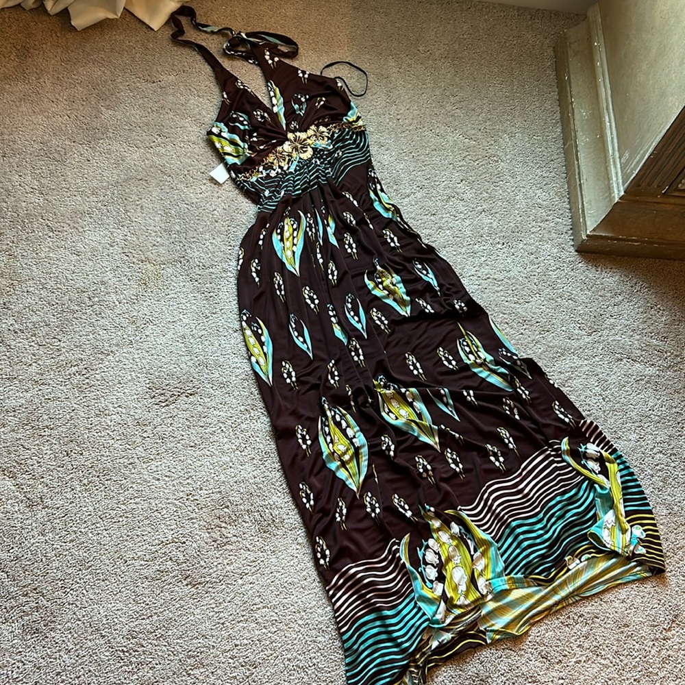 New with tag Sky maxi dress size, large, brown, turquoise and green
